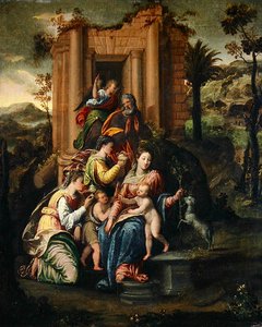 Den heliga familjen omgiven av heliga (olja på duk)