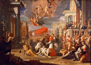 Den helige Charles Borromero administrerar nattvarden åt plåga offren 1576, av Sigismund Caula (1637-1713), olja på duk, 97x147 cm
