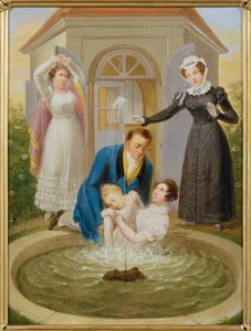 Räddning av ett barn som fallit i en trädgårdsdamm - Ett barn räddas från att drunkna i en trädgårdsdamm ... av Sigmund Ferdinand Ritter von Perger
