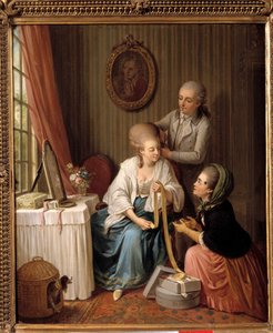 Bandhandlaren En ung kvinna som bär hår hemma pratar med handlaren med en moderiktig fluga i ansiktet. Målning av Sigmund Freudenberg (1745-1801) 1700-talets Paris, Musee de Cognacq Jay