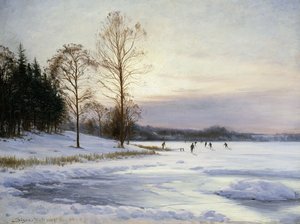 Skridskoåkare på en frusen damm av Sigvard Hansen