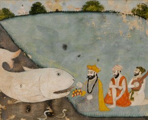 Guru Nanak med Bala, Mardana och den stora fisken (Vishnu i Matsyavatara) av Sikh School