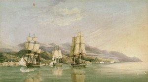 Attack mot konvoj med arton franska handelsfartyg vid Laigrelia och Alassio, 27 juni 1812, början av 1800-talet (penna, bläck, grafit, akvarell) av Silas Thomson (attr.to) Hood