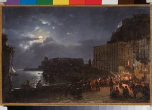 Santa Lucia-kajen i Neapel (Italien), en fullmånenatt. Målning av Sylvester Feodosiyevich Shchedrin (Sylvester Shchedrin) (1791-1830), olja på duk