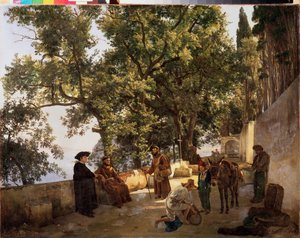 En terrass på stranden, nära Sorrento (Sorrento, Italien) (Kapuchinmunkar i samtal och en man laddar sin åsna med små tunnor) - En terrass på en strand, Cappuccini nära Sorrento - Målning av Sylvester Feodosiyevich Shchedrin (Sylv av Silvestr Fedosievich Shchedrin