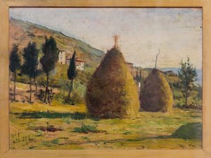 Haystacks in the Sun, ca 1890 (olja ombord) av Silvestro Lega