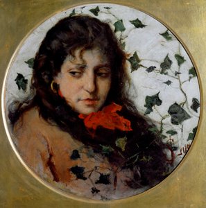 Murgröna (Edera) Porträtt av en ung kvinna, har ett melankoliskt uttryck, ansikte omgivet av murgrönalöv - (murgröna) Målning av Silvestro Lega (1826-1895) Genes, Galleria d