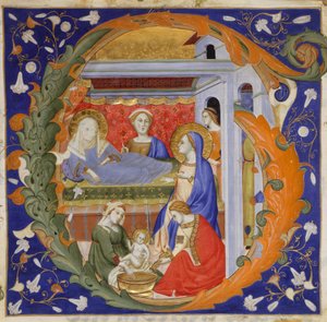 Manuskriptbelysning med jungfruns födelse i ett initialt G, från en Gradual, ca. 1375. av Silvestro dei Gherarducci
