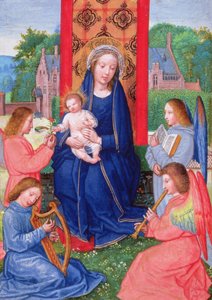 T.ex. 2125 f.157v Madonna och barn med änglar som spelar instrument, från The Hours of Joanna of Ghistelles, c.1516 (vellum) av Simon (attr. to) Bening