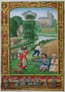 Lägg till 24098 f.25v augusti: Skörd nära en flod, från en timbok, eller golfboken, c.1520-30 (vellum)