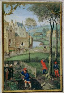 Lägg till 18855 f.108 mars: fällning av träd, från en timbok, c.1540 (vellum) av Simon Bening