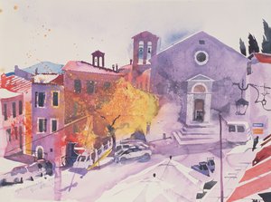 Piazza Garibaldi, Montalcino, 2002 (akvarell på papper) av Simon Fletcher