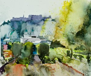 Salzburg från Mirabell-trädgården, 2008 (akvarell) av Simon Fletcher