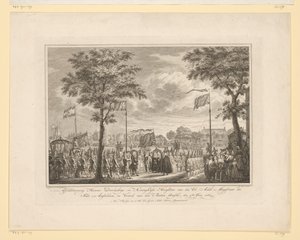 Farväl till Willem V och hans fru på Buiten Amstel, 1768 Farväl till deras fridfulla och kungliga högheter van den Ed: Achtb: Magistrate of the City of Amsteldam, och den Buiten Amstels avgång, den 4 juni 1768 (titel på objektet) Bild av Simon Fokke