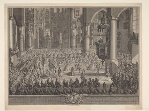 Karel Christiaan van Nassau-Weilburgs äktenskap med prinsessan Carolina, 1760 Bild av den högtidliga bröllopsstationen för (...) Prince of Nassau Weilburg med (...) Carolina van Oranje & Nassau onsdagen den 5 mars 1760 i Groote Kerk in 