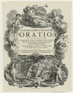 Minerva lauwert een jongeman met bul Titelsida för: J.G. Slegt, Oration där det hävdas att Nimrod falskeligen är far till Nina (...), 1747 av Simon Fokke