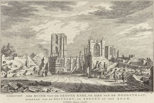 Ruinen av den stora kyrkan i Bergen op Zoom, 1748 Utsikt över ruinerna av Groote Kerk, sett från Hoogstraat, från Bospoort, i Bergen op den Zoom (titel på objekt) Tio ansikten av ruinerna efter belägringen och förstörelsen av Bergen op Z