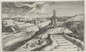 Kuperat landskap med en väderkvarn Olika landskap (serietitel) Topographia variarum regionum (serietitel) av Simon Frisius (attributed to)