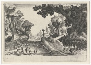 Skogslandskap med ett kors längs en stig Sydeuropeiska landskap (serietitel) Topographia variarum regionum (serietitel) av Simon Frisius
