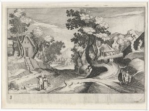 Skogbevuxet kuperat landskap med byggnader och figurer Sydeuropeiska landskap (serietitel) Topographia variarum regionum (serietitel) av Simon Frisius