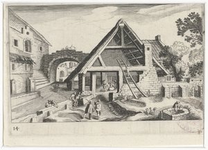 Byutsikt med den heliga familjen Sydeuropeiska landskap (serietitel) Topographia variarum regionum (serietitel) av Simon Frisius