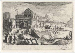 Emmäusgangers framför en stadsport i ett bergslandskap Sydeuropeiska landskap (serietitel) Topographia variarum regionum (serietitel) av Simon Frisius