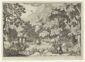 Utsikt över en skog med slottet Loenersloot Landskap med figurer (serietitel) av Simon Frisius