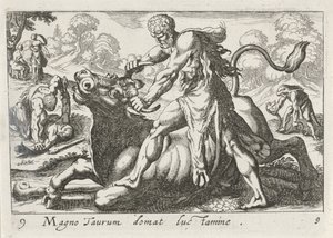 Hercules i strid med Achelous Den stora tjuren tämjes av ljus (titel på objekt) Herculische teman (serietitel) av Simon Frisius