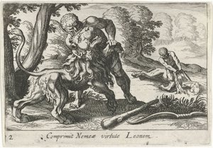 Hercules slåss mot det Nemeiska lejonet Comprimit Nemeae virtute Leonem (titel på objekt) Herculean Themes (serietitel)