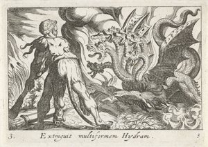 Hercules kämpar mot Lernas hydra Extinguit multiform Hydram (titel på objekt) Herculean Themes (serietitel) av Simon Frisius