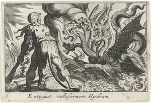 Hercules kämpar mot Lernas hydra Extinguit multiform Hydram (titel på objekt) Herculean Themes (serietitel)