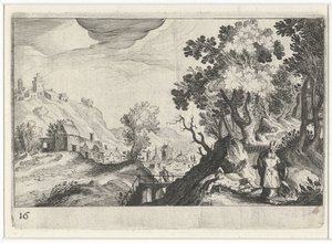 Kuperat landskap med den barmhärtige samariten Sydeuropeiska landskap (serietitel) Topographia variarum regionum (serietitel) av Simon Frisius