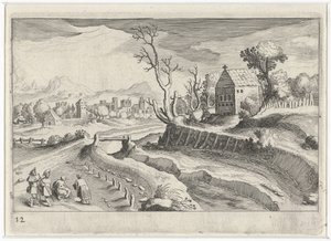 Kuperat landskap med kapell Sydeuropeiska landskap (serietitel) Topographia variarum regionum (serietitel) av Simon Frisius