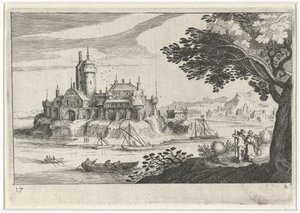 Kuperat landskap med ett slott på en ö Sydeuropeiska landskap (serietitel) Topographia variarum regionum (serietitel) av Simon Frisius
