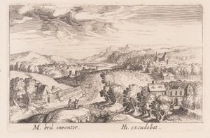 Kuperat landskap med tre par, från Topographia Variarum Regionum av Simon Frisius