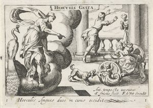 Jonge Hercules wurgt twee slangen Hercules dödar två ormar i sina vaggor (titel på objekt) Herculische teman (serietitel) Hercules (serietitel på objekt) av Simon Frisius