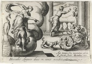 Jonge Hercules wurgt twee slangen Hercules dödar två ormar i sina vaggor (titel på objekt) Herculische teman (serietitel) av Simon Frisius