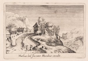 Landskap med en stig uppför ett berg genom en by, från Topographia Variarum Regionum av Simon Frisius