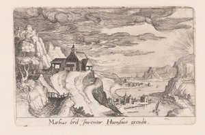 Landskap med en floddal och en kyrka på en kulle, från Topographia Variarum Regionum