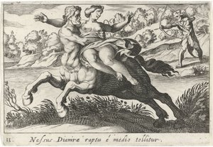 Nessus försöker skaka Deïanira te Dianiras bindning tas bort från mitten (titel på objekt) Herculische teman (serietitel)