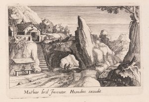 Par av figurer som går under en klippbro, från Topographia Variarum Regionum av Simon Frisius