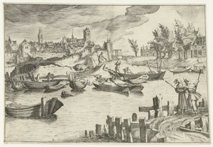 Flodlandskap med en stad i bakgrunden Landskap med figurer (serietitel) av Simon Frisius