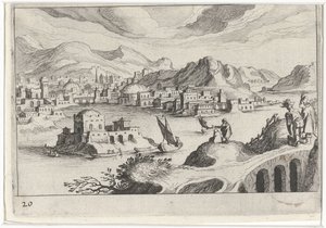Stadsbild i en floddal Sydeuropeiska landskap (serietitel) Topographia variarum regionum (serietitel) av Simon Frisius