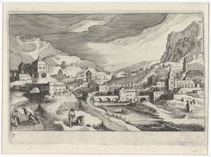 Stadsbild i en floddal Sydeuropeiska landskap (serietitel) Topographia variarum regionum (serietitel) av Simon Frisius