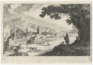 Stadsvy med en byggnad med kupolformat tak av Simon Frisius