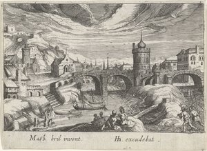 Stadsbild med en flod Olika landskap (serietitel) Topographia variarum regionum (serietitel) av Simon Frisius