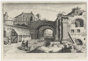 Stadsbild med en ruin Sydeuropeiska landskap (serietitel) Topographia variarum regionum (serietitel) av Simon Frisius