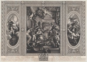En allegorisk scen som visar fördelarna med James regeringstid i centrum, Wise Government tramp..., 1720.