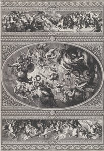 James I:s apoteos i en oval i mitten, friser med putti och girlander på antingen ..., 1720.