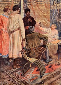 Richard Lejonhjärta reste sig upp i sin säng och tog en kopp i handen och illustrerade "Talismanen": A Tale of the Crusaders" av Sir Walter Scott.